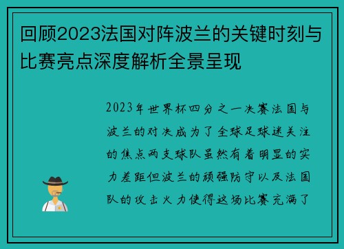 回顾2023法国对阵波兰的关键时刻与比赛亮点深度解析全景呈现 回顾2023法国对阵波兰的关键时刻与比赛亮点深度解析全景呈现