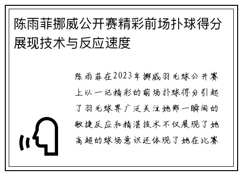 陈雨菲挪威公开赛精彩前场扑球得分展现技术与反应速度
