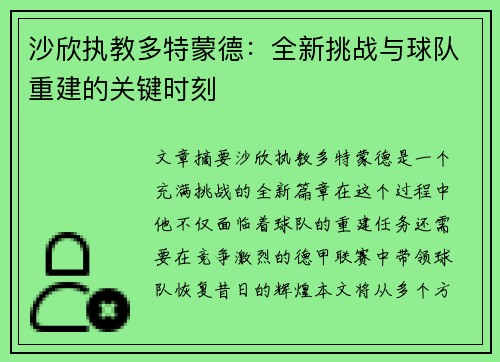 沙欣执教多特蒙德:全新挑战与球队重建的关键时刻 沙欣执教多特蒙德:全新挑战与球队重建的关键时刻